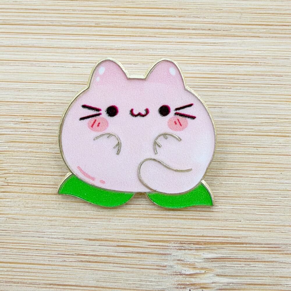 Peach Pink Cat Enamel Pin Kawaii Kitty Floral Leaf Collectible Brooch - Picture 2 of 4